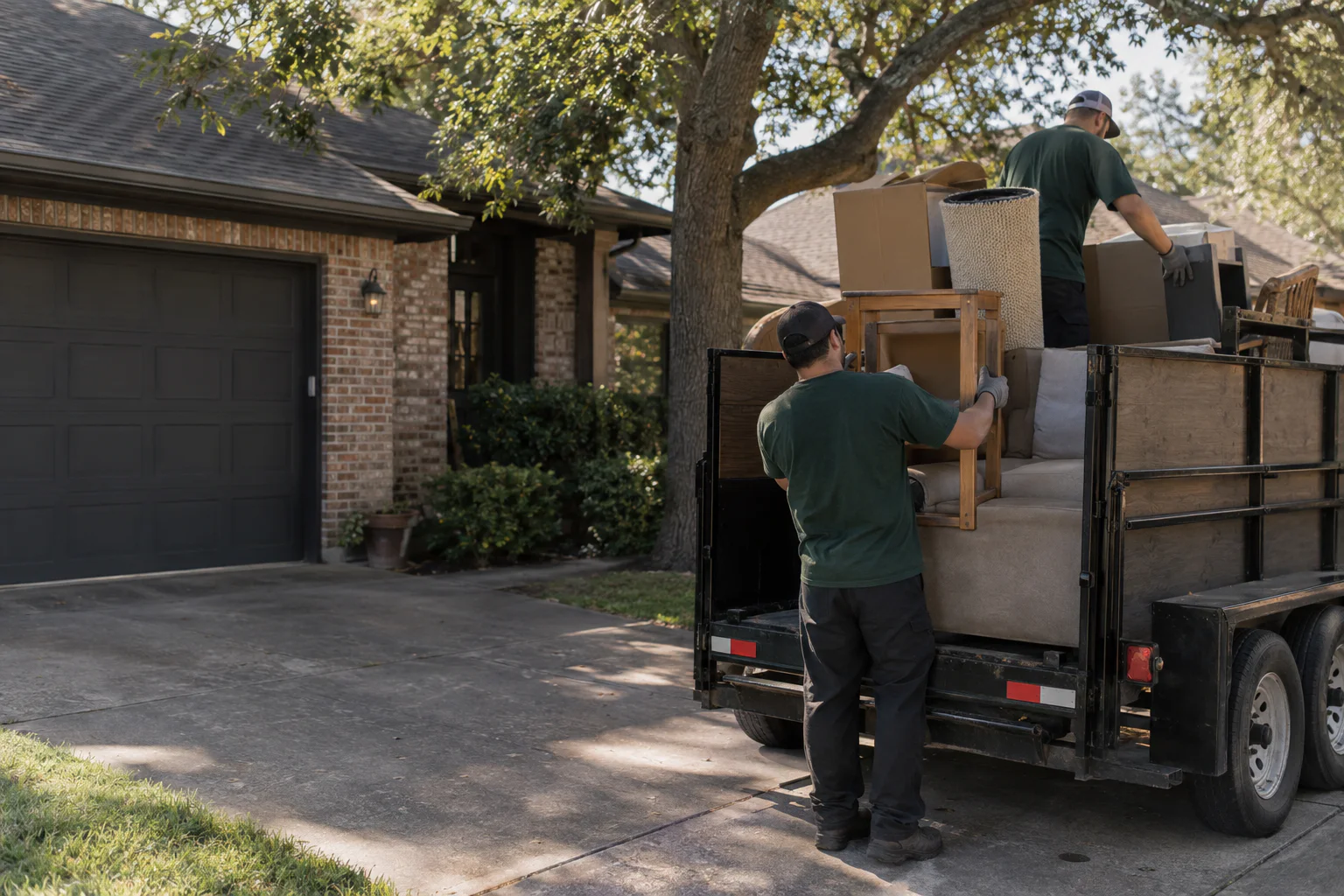 Green Peak crew loading household items into a utility trailer